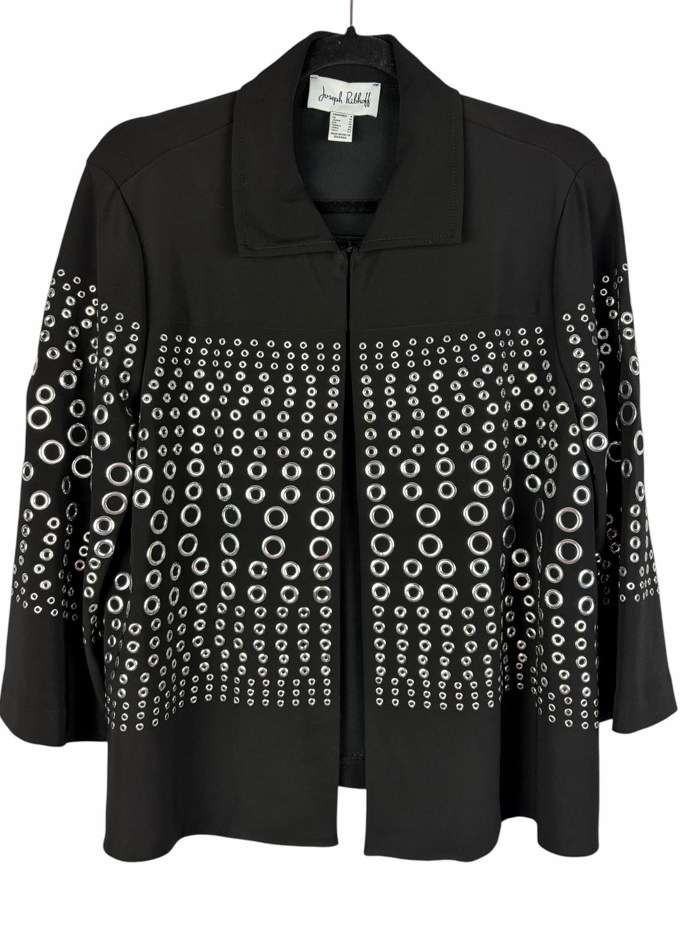Joseph Ribkoff Black Silver Grommet Eyelet Jacket Size 8 Statement Blazer